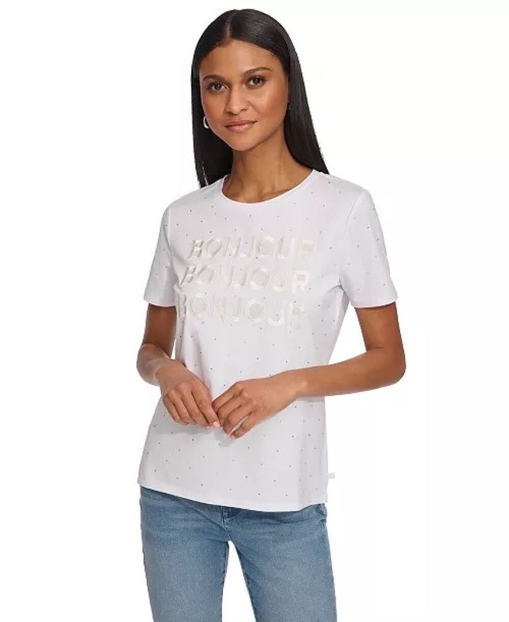 Karl Lagerfeld Paris Women's Embellished Bonjour T-Shirt in White Size Medium